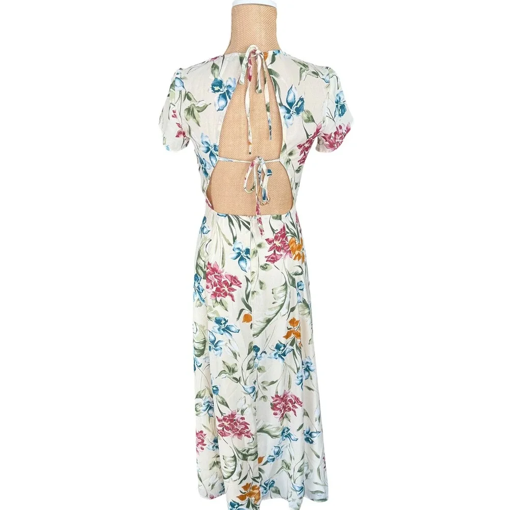 Lulus XS Floral Midi Dress Tie Back Slit‎ Tropical Summer Vacation